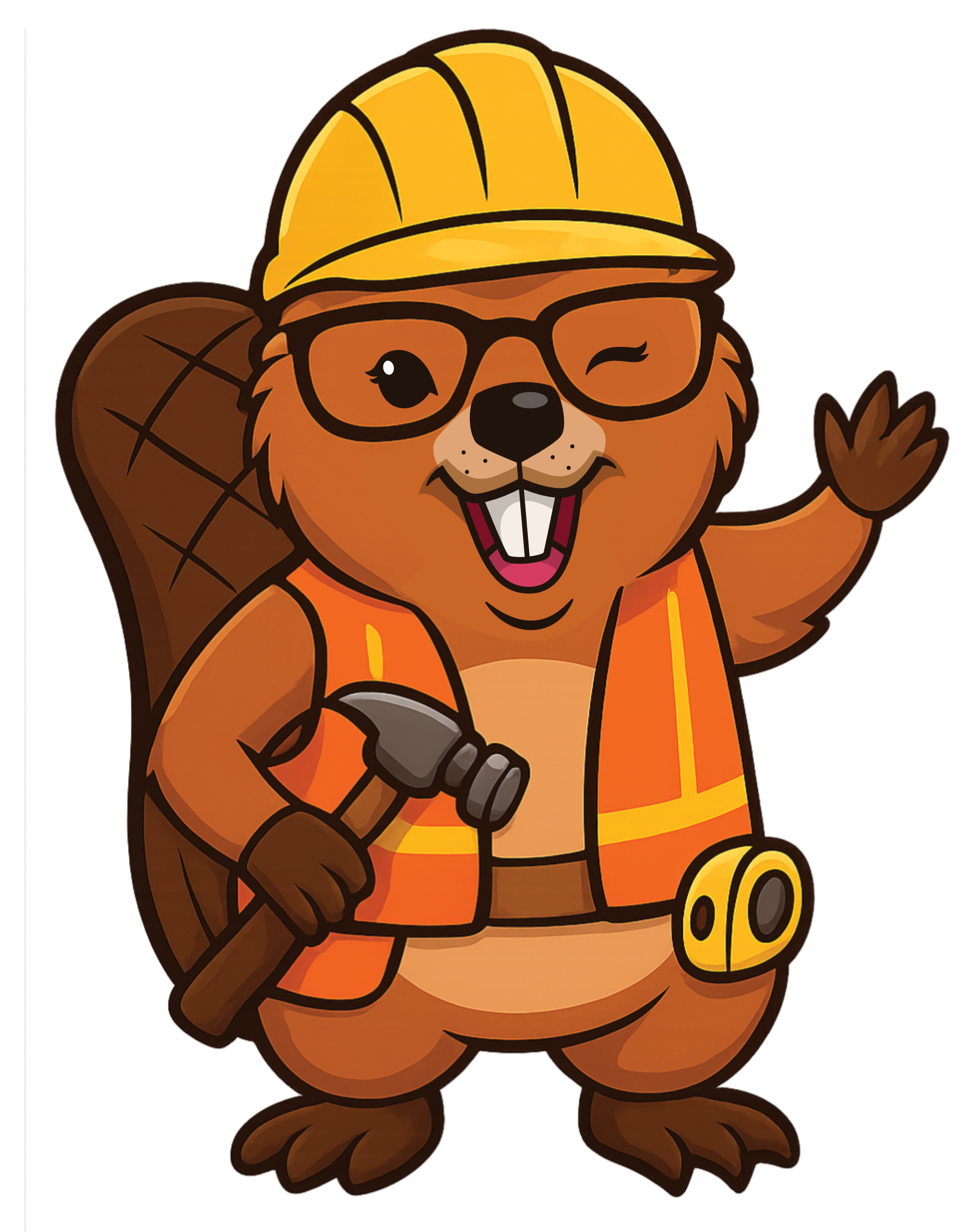 The Bookshelf's beaver mascot Bailey wearing a construction hat and vest and waving