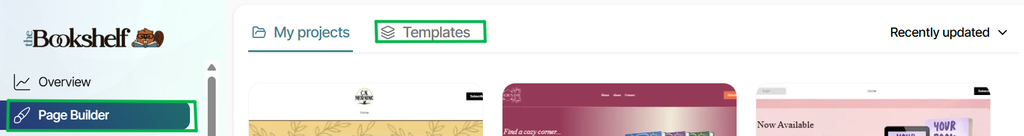 The My Projects page open inside The Bookshelf, showing the left-side menu Page Builder option highlighted as well as the Templates tab option highlighted at the top of the page.