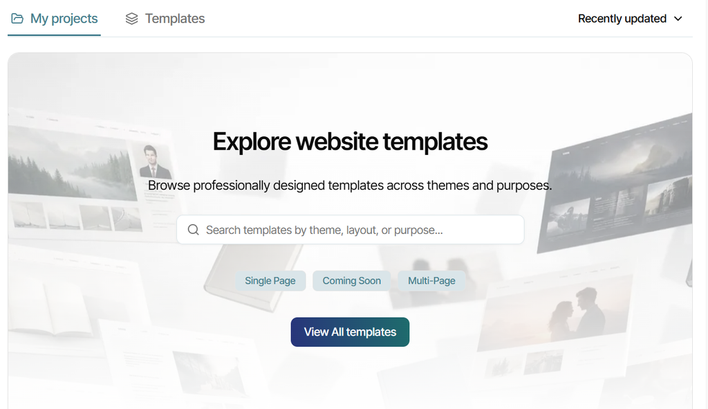 The "My Projects" page's "Explore Website Templates" section, showing the template search function and the "View All Templates" button.