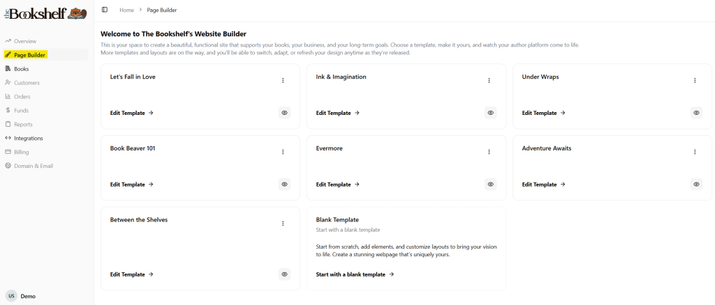 The Bookshelf website builder tool selected and open, showing the list of available website templates to select from.