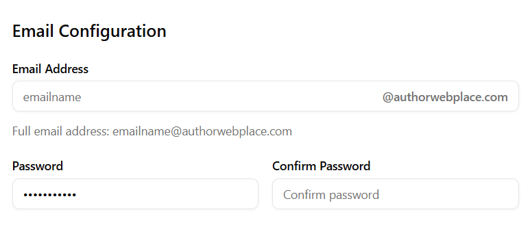 The Bookshelf Email Configuration window, showing inputs for email address, password, and confirming password.