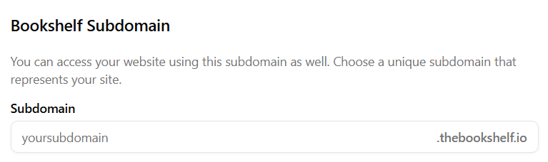 The Bookshelf subdomain window, showing the input area for a preferred subdomain.