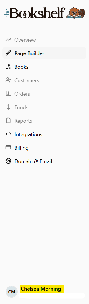 The Bookshelf dashboard menu, with the account user's name highlighted at the bottom left of the dashboard menu.