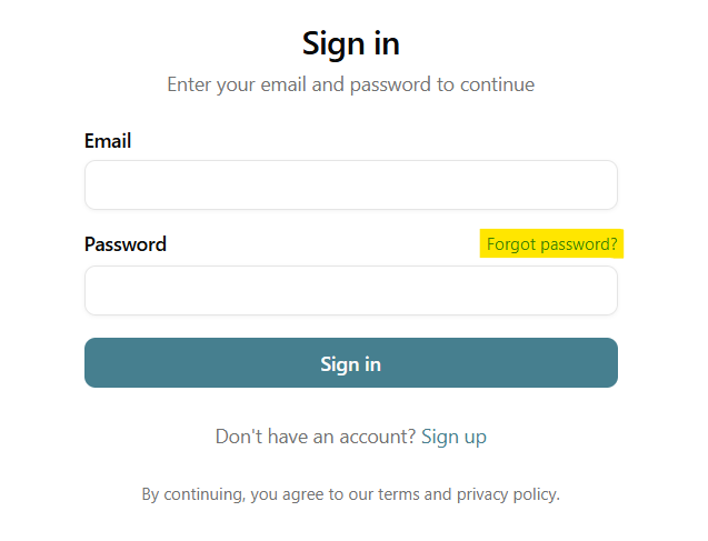 The Bookshelf Sign in page, with inputs for Email and Password and a Sign in button. The words "Forgot Password?" are highlighted above the Password input.