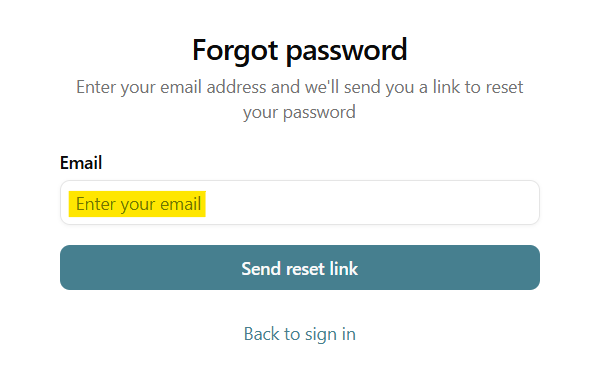 The Bookshelf's Forgot Password page, with an input for email and a "Send reset link" button.