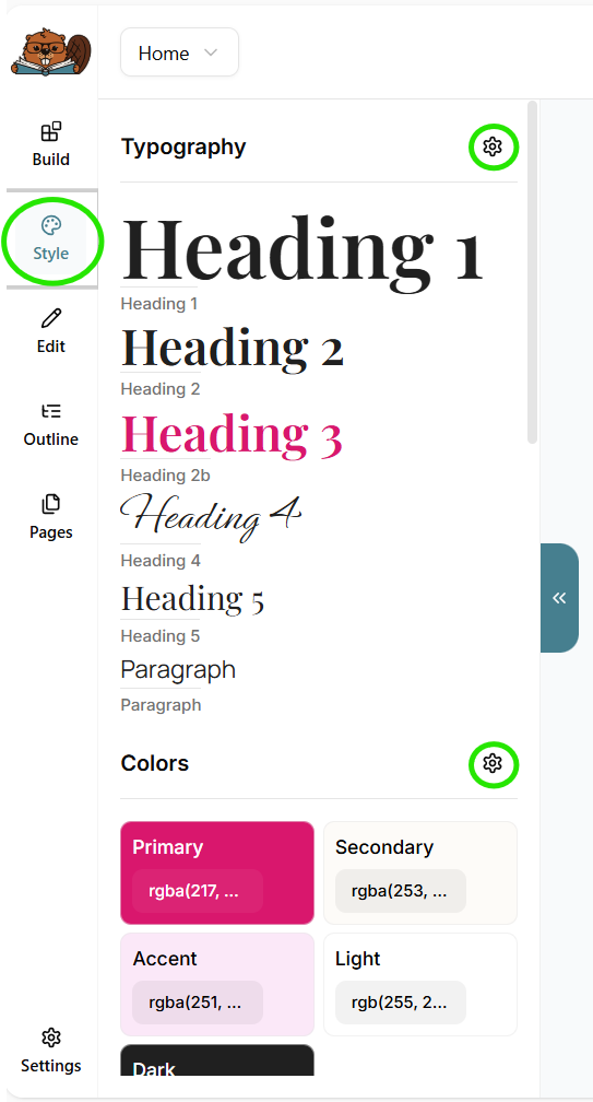 The Bookshelf website builder showing the Style option highlighted in the left-side menu, and an example of the Style options open to show Typography and Color settings, as well as a highlighted settings gear icon to the right of each settings option.