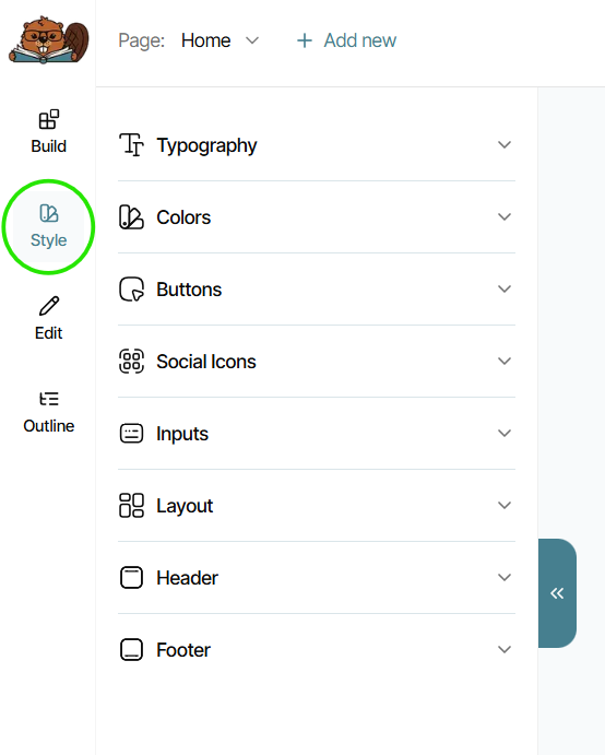 The Style tool open to its available options in the Bookshelf's page builder.