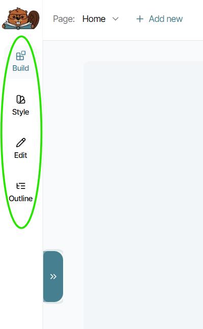 The Bookshelf's builder tool open with the left-side Build, Style, Edit, and Outline menu options circled.