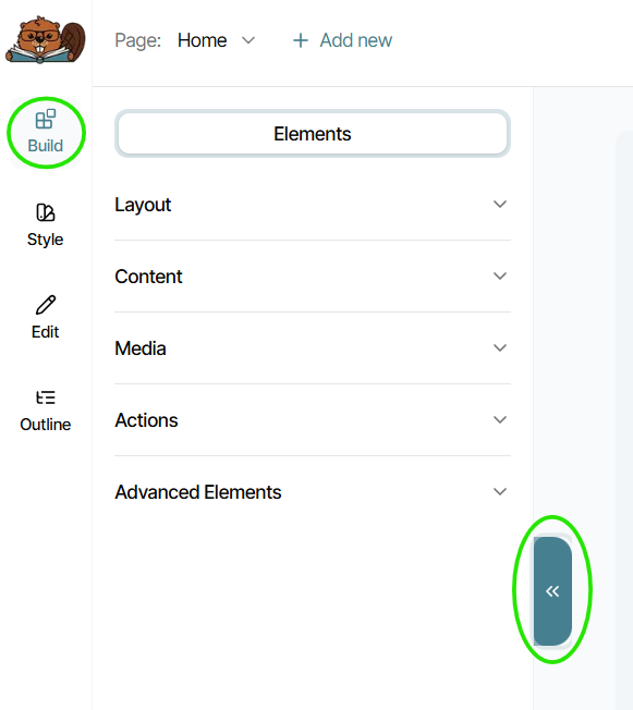 The Builder's "Build" tab open, with the collapsible menu arrow icon circled.