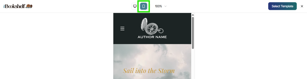A mobile preview page of a website template with the mobile previewer option highlighted in the upper middle of the screen.