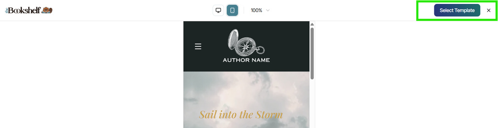 A preview page of a website template with the "Select Template" button and the X exit button highlighted in the upper right corner.