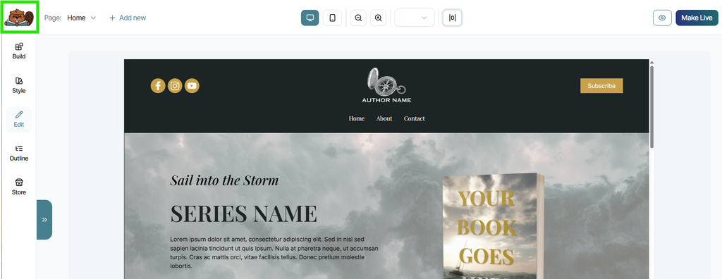 The Bookshelf's Page Builder with the Bailey Beaver logo highlighted in the upper left corner.