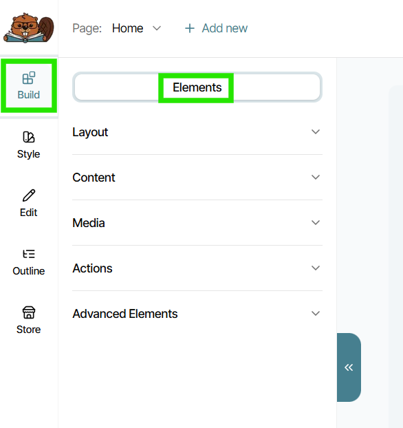 The Bookshelf's page builder with the Build tool panel open and showing the list of Element categories highlighted in green.