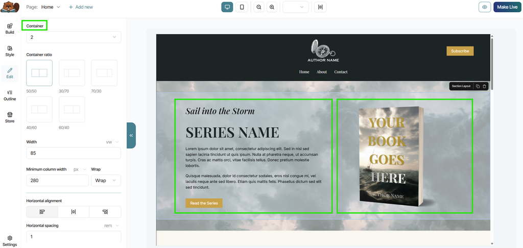 A template open in the Page Builder with a Section Layout element selected and the Container setting section highlighted to show its corresponding 2 containers highlighted in the viewer.