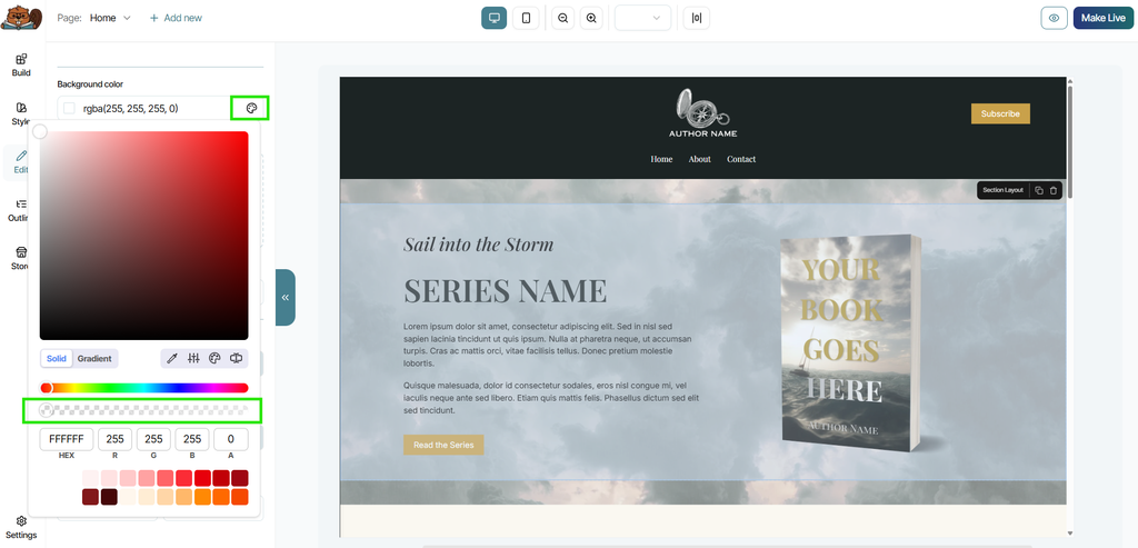 A Section Layout's color settings open to show the opacity setting adjusted all the way to 0.