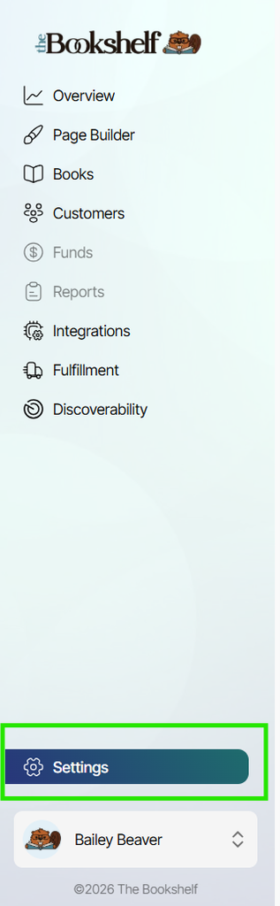 The Bookshelf dashboard menu with the Settings option highlighted.