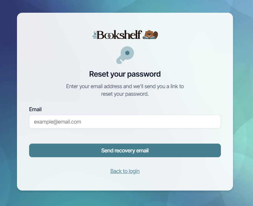 The Bookshelf "Reset your password" screen showing the email input area and the "send recovery email" button.