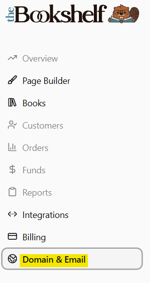 The Bookshelf dashboard menu, with the "Domain & Email" option highlighted at the bottom of the list.