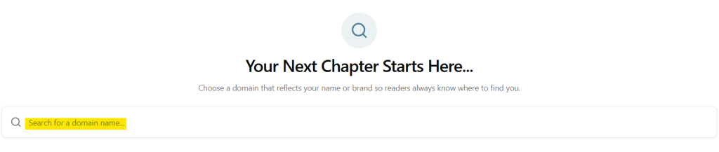 The Bookshelf domain selection window, with a heading stating "Your Next Chapter Starts Here..." and a domain availability search bar highlighted.