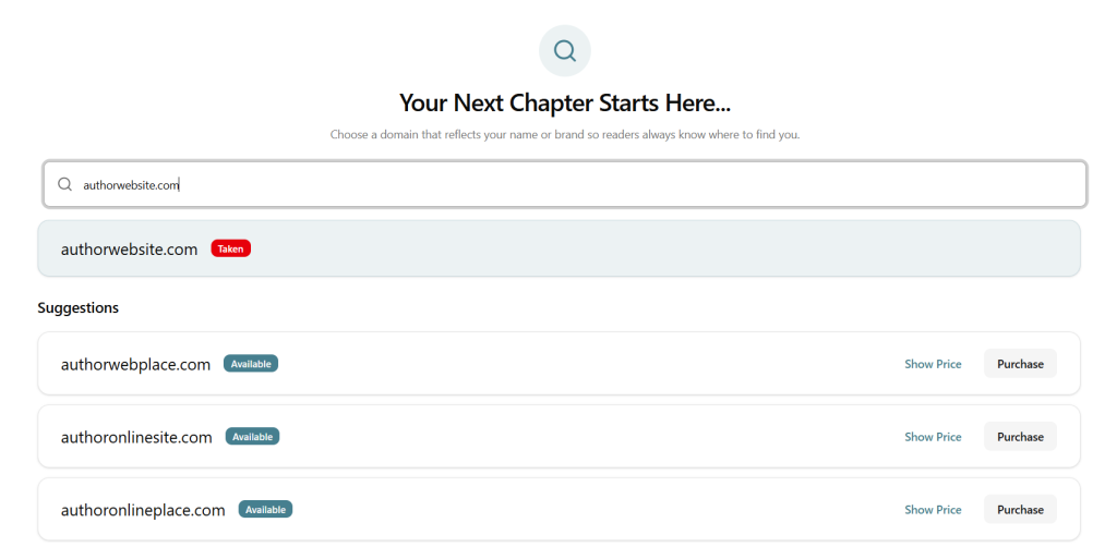 The Bookshelf domain selection window, with a heading stating "Your Next Chapter Starts Here..." and an example domain typed into the search, with availability results listed underneath, as well as alternative domain suggestions.
