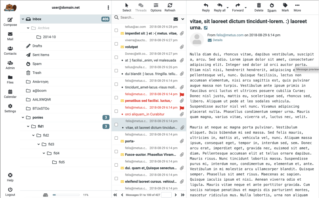Example of Author Email inbox layout, with account options in left-most column, email inbox folder display in next column, inbox folder open in center column, and a selected sample email open in right-most column.
