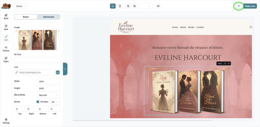The Bookshelf website builder interface open on a sample website template, highlighting a button with a human eye icon in the top right corner.