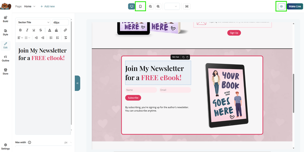 A template open in the Page Builder with the Preview button highlighted in the upper right corner, and the desktop mobile viewer icon highlighted at the top center of the page.