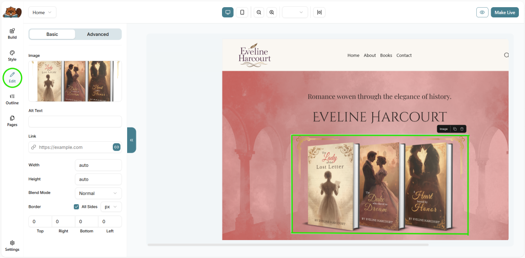 The Bookshelf website builder interface, with Edit tool highlighted on left side, and a sample image of book covers selected in the builder to show its available Edit options.