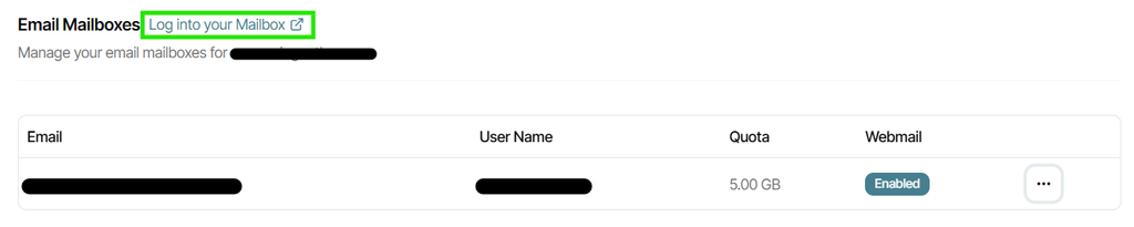 Email Mailboxes section with the link to "Log into your Mailbox" highlighted.