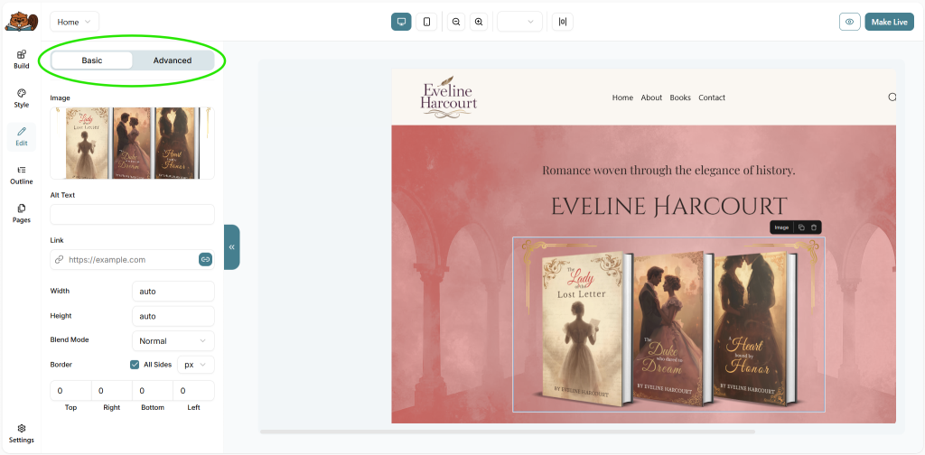 The Bookshelf website builder interface, with Edit tool open, sample image of book covers selected in the builder to show its available Edit options, and the element's Basic or Advanced edit selections highlighted at the top of the window.