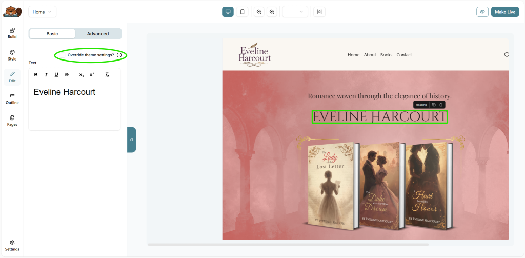 The Bookshelf website builder interface, with a sample hero section open and the section's heading text selected to show the highlighted option to "Override theme settings" available in left-side edit window.