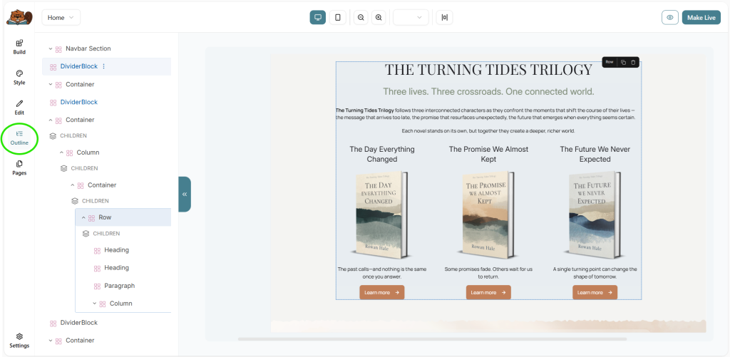 Screenshot example showing Outline tool selected and open inside website builder, with a section of books selected in the builder's previewer window.