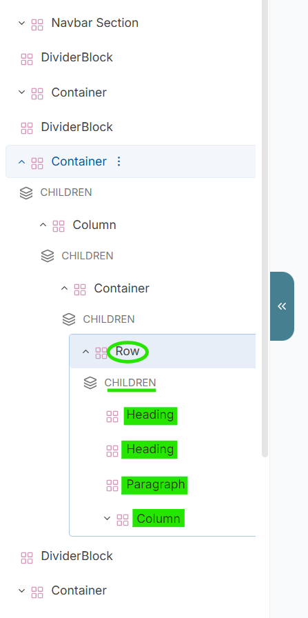 Screenshot demonstrating how the Outline hierarchy is organized, with a sample Row selected to show the Row's associated Children, which are two headings, a paragraph, and a column element.