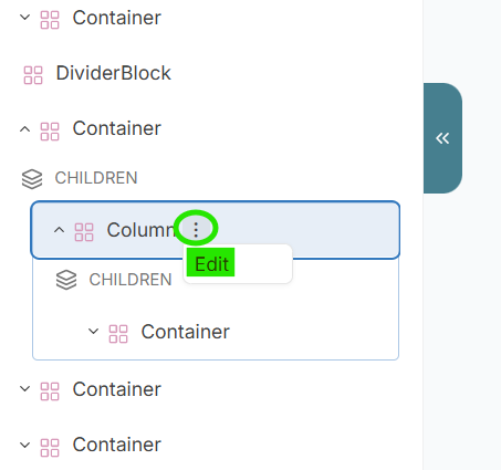 Screenshot demonstrating how the kebab menu next to any element listed in the Outline can be clicked to open the Edit option for that element.