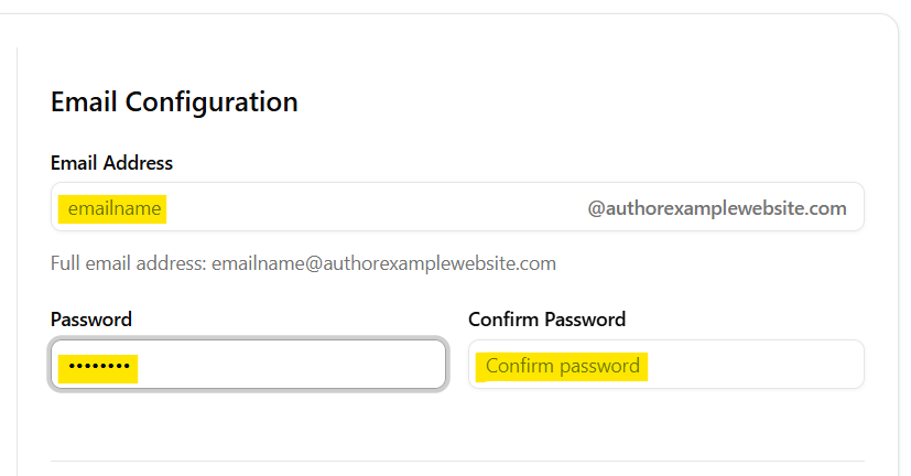 Screenshot of Email Configuration setup in The Bookshelf highlighting the input field where email username goes, and where password creation input goes.
