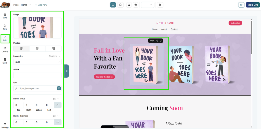 A template open in the Page Builder with an image element selected, highlighted in green, and its corresponding Edit options open in the left-side panel, also highlighted.