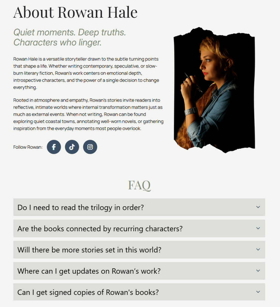 An example of an author about section, with a heading sharing the author's name, paragraph text with details about he author, an atmospheric headshot of the author, social media buttons, and an FAQ section