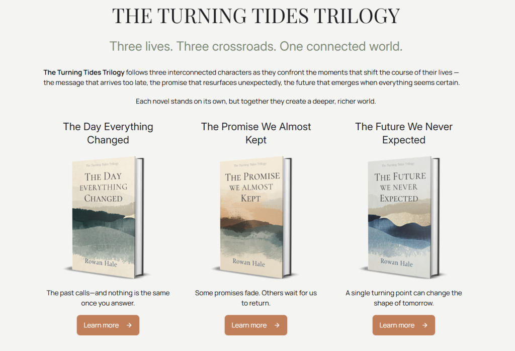 An example author website sales page demonstrating clear information regarding the name of the book series, a paragraph of information about it, and displaying the cover of each book in the series, with a button to learn more beneath each cover