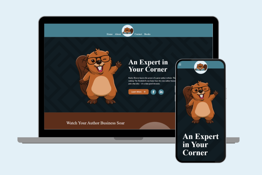 A side-by-side comparison showing an author website on a laptop screen versus that same site optimized on a mobile device screen.