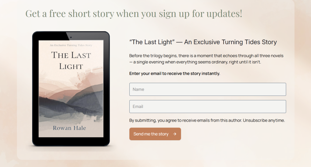 An example of a newsletter sign-up section on a website, with an eReader showing a book cover, a heading and other text sharing details of the offered book, and a submission form with a button.
