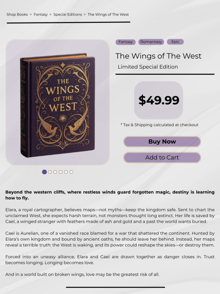 An example product page displaying a limited special edition hardcover book for sale with gold-foil printing and sprayed edges