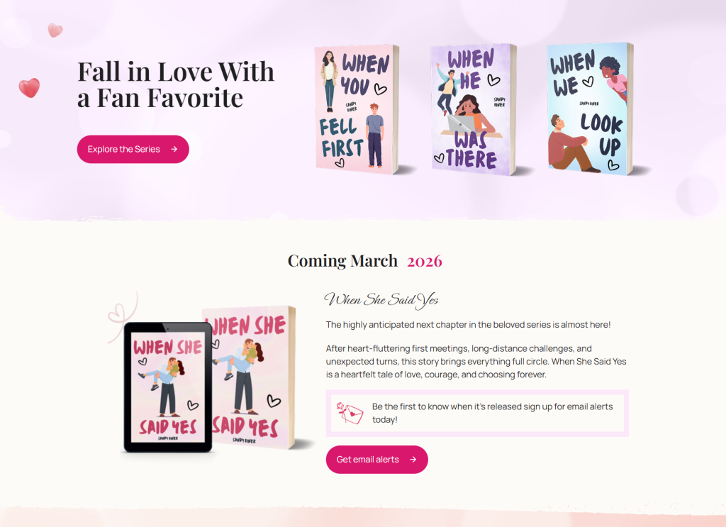 An example contemporary romance author website page showing consistent genre branding across book covers, website colors, and font styles by using shades of purple and pink throughout.