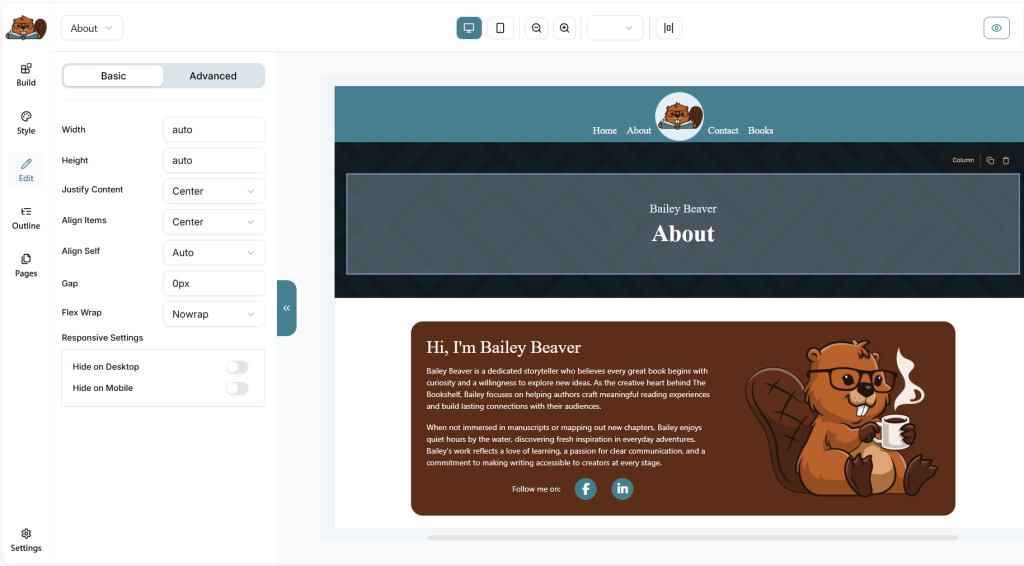 An example of a look inside The Bookshelf's website builder tool, showing the editing interface on the left side, with a nonfiction template website page pulled up for editing on the right side