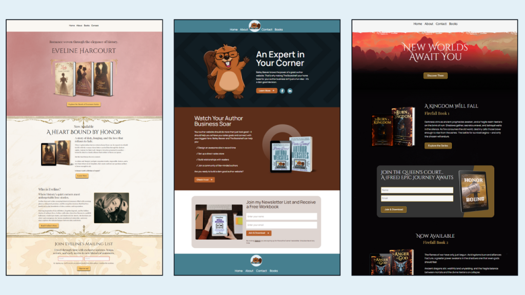 Three example author websites in a row, the first is a romance website, the second is a nonfiction website, and the third is a fantasy website, all displaying unique, genre-focused design and branding