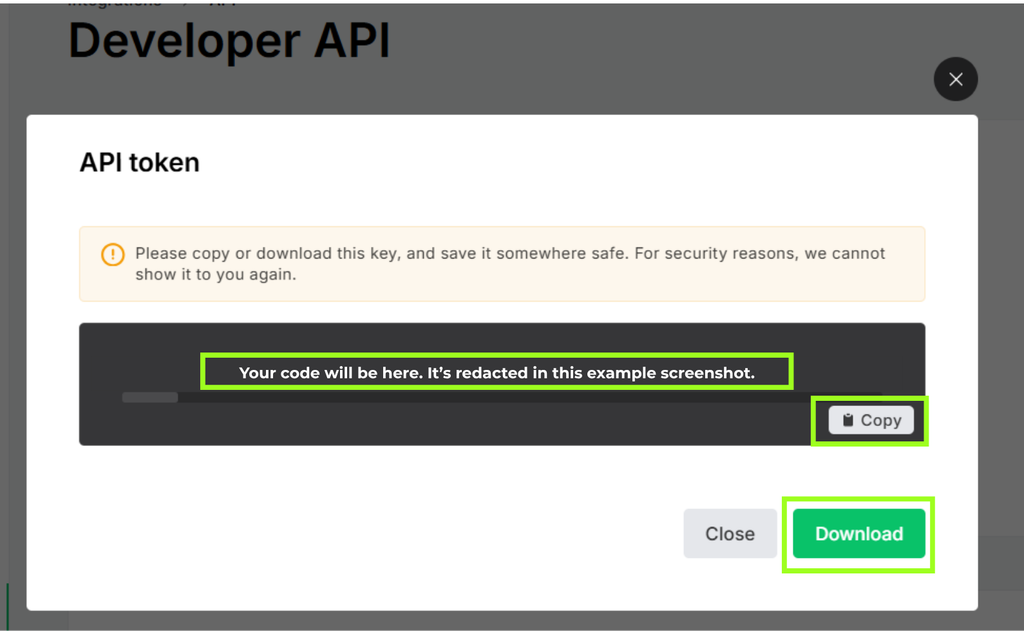 An example of a MailerLite API token generation modal, with the actual API key redacted.