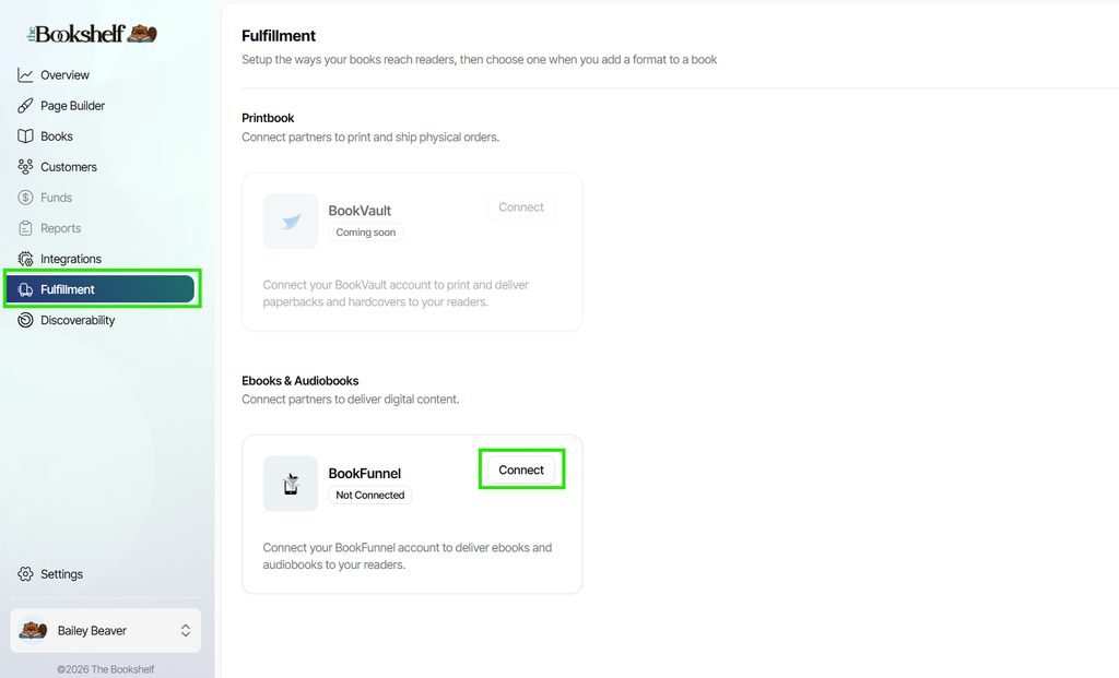 The Bookshelf Fulfillment page open to show the eBooks & Audiobooks section with the BookFunnel integration available and the "Connect" button highlighted.
