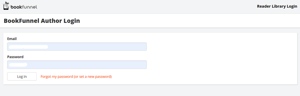 The BookFunnel Author Login page, showing the email and password inputs.