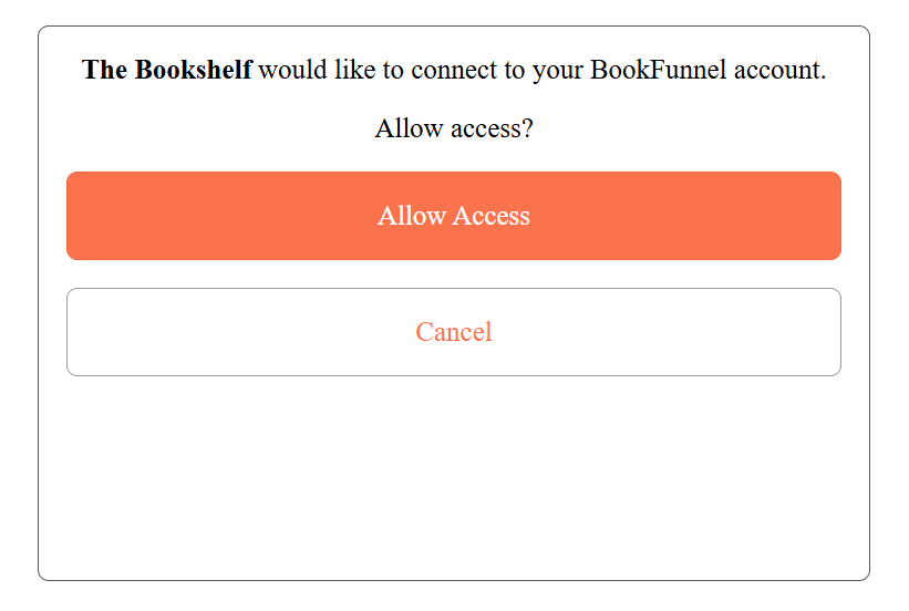 BookFunnel's permission page asking to allow access to The Bookshelf, with a large orange button to confirm.