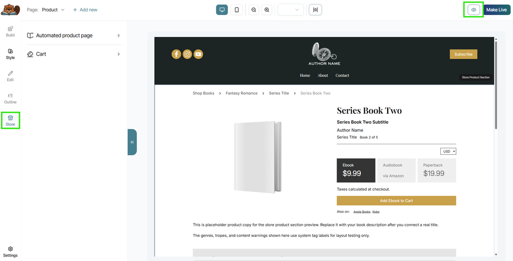 The Page Builder's Store tool open, showing the example product page.