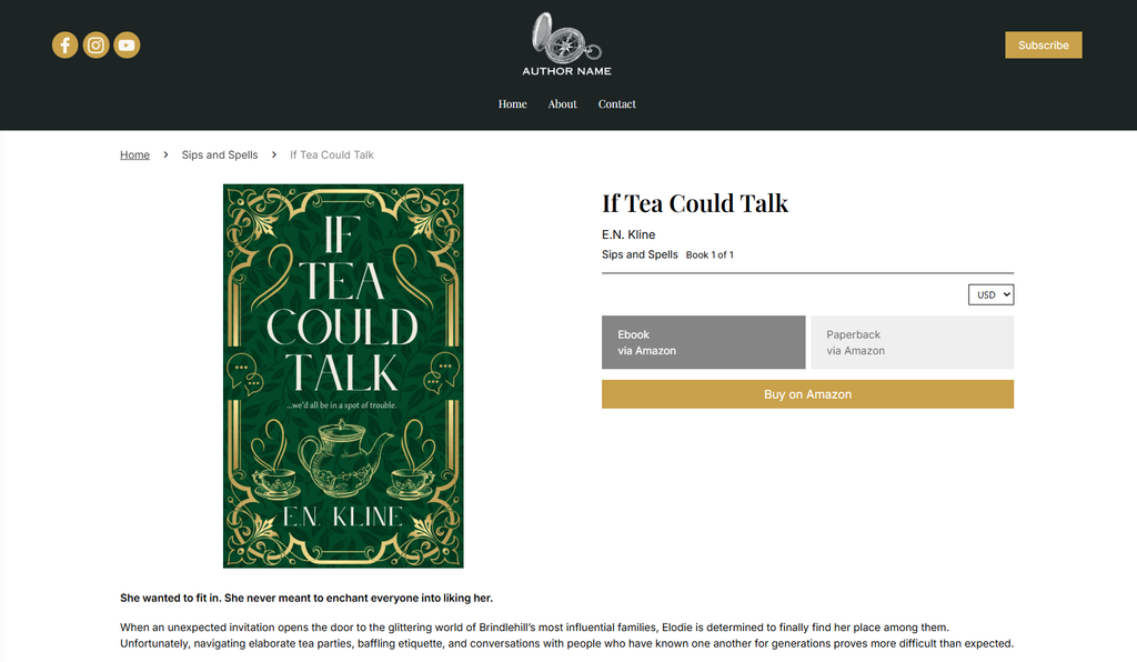 A "real" preview of a product page, showing the book's title, author, series, and eBook and paperback purchase options.